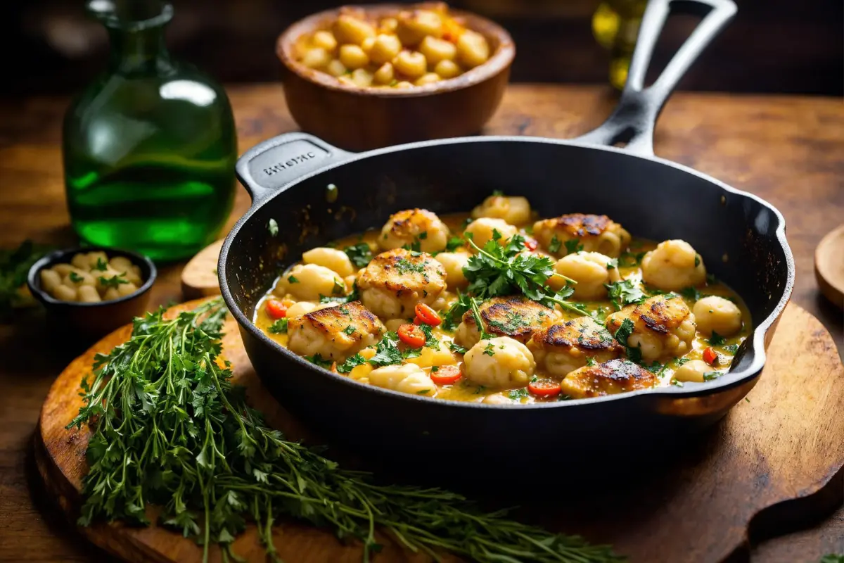 "Rustic skillet with creamy chicken and gnocchi garnished with herbs on a wooden table.