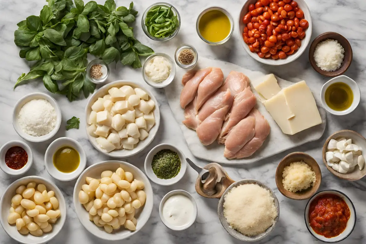 Ingredients for chicken gnocchi recipe displayed on marble countertop.