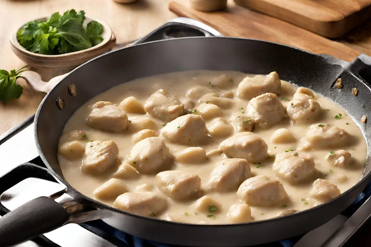 Skillet on stove with creamy chicken and gnocchi in the making.