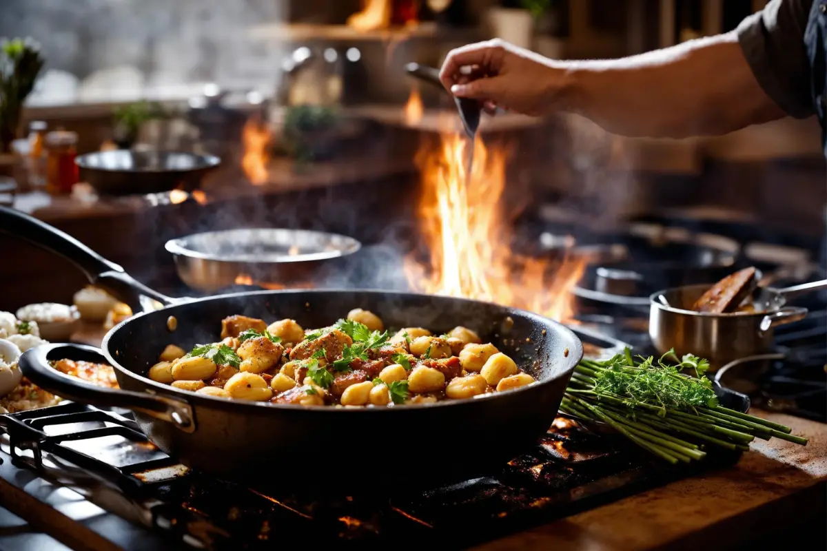 Chef preparing creamy chicken and gnocchi in a kitchen setting.