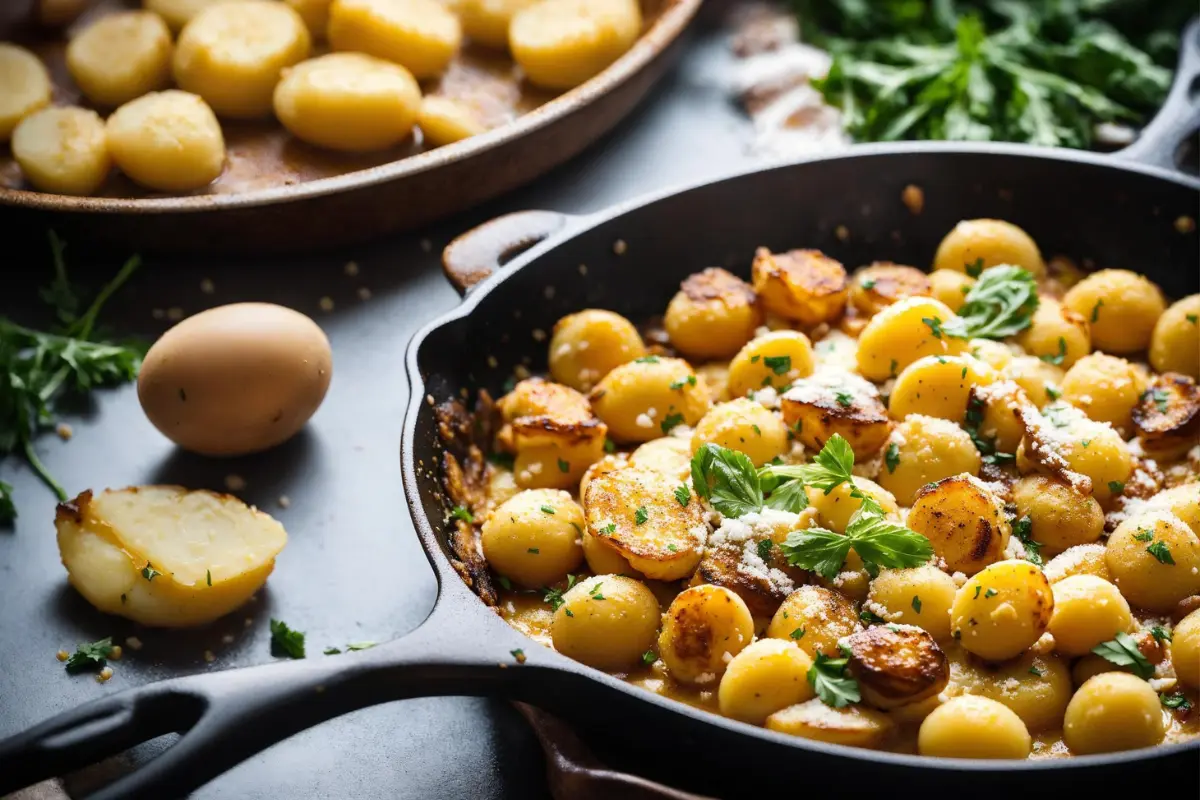 Golden pan-fried gnocchi in a skillet with potatoes, flour, and eggs in the background.