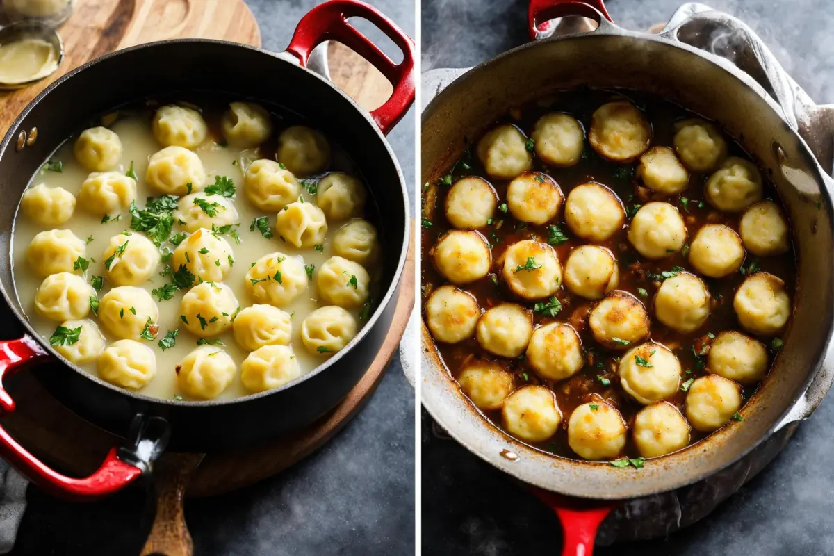 Contrasting methods of cooking gnocchi: boiling in water and pan-frying in a skillet.