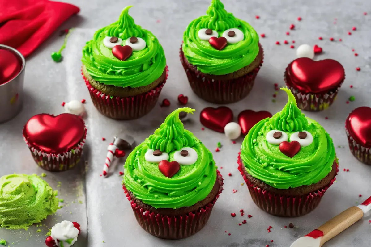 Applying green frosting and edible decorations on Grinch cupcakes.