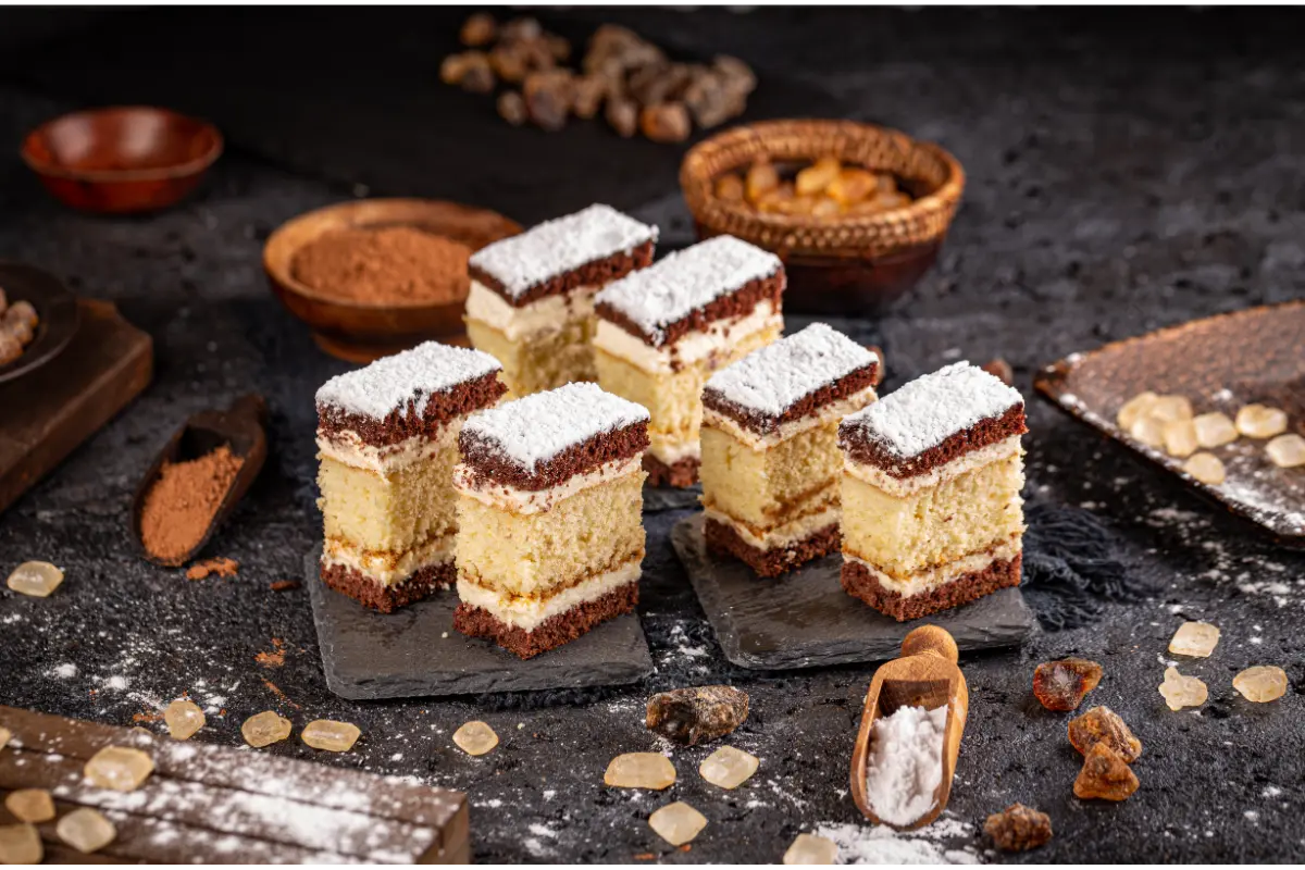 A delightful array of layered sponge cake bites with a dusting of cocoa on top sits on a slate board. The cakes are interspersed with rich, creamy filling, surrounded by baking ingredients like cocoa powder, cinnamon sticks, and a bowl of brown sugar, set against a dark, textured backdrop.