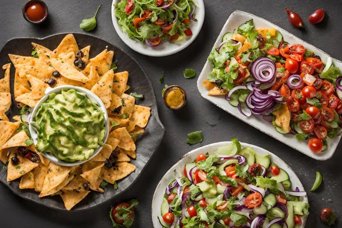 Plate of nachos with salad and grilled vegetables