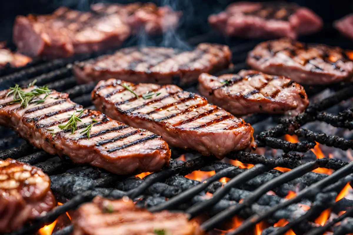 Grilled meat patties and chicken breasts