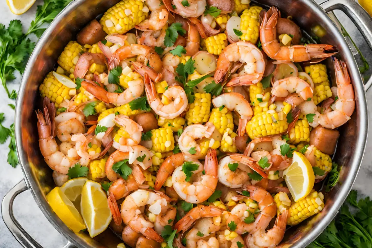 Overhead view of Instant Pot Shrimp Boil with shrimp, corn, potatoes, and sausage, garnished with parsley and lemon.