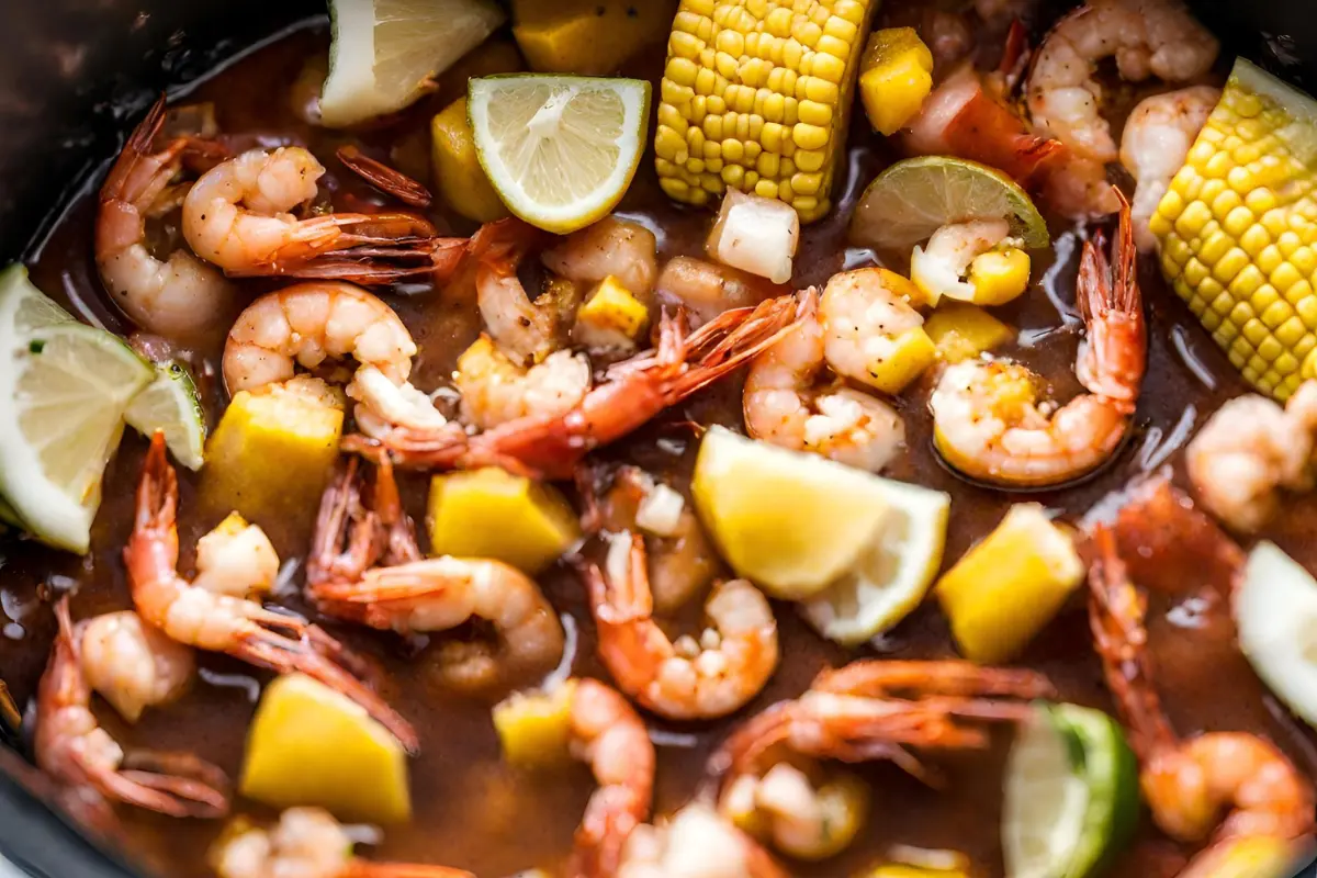 Close-up of Instant Pot Shrimp Boil with vibrant colors and textures.