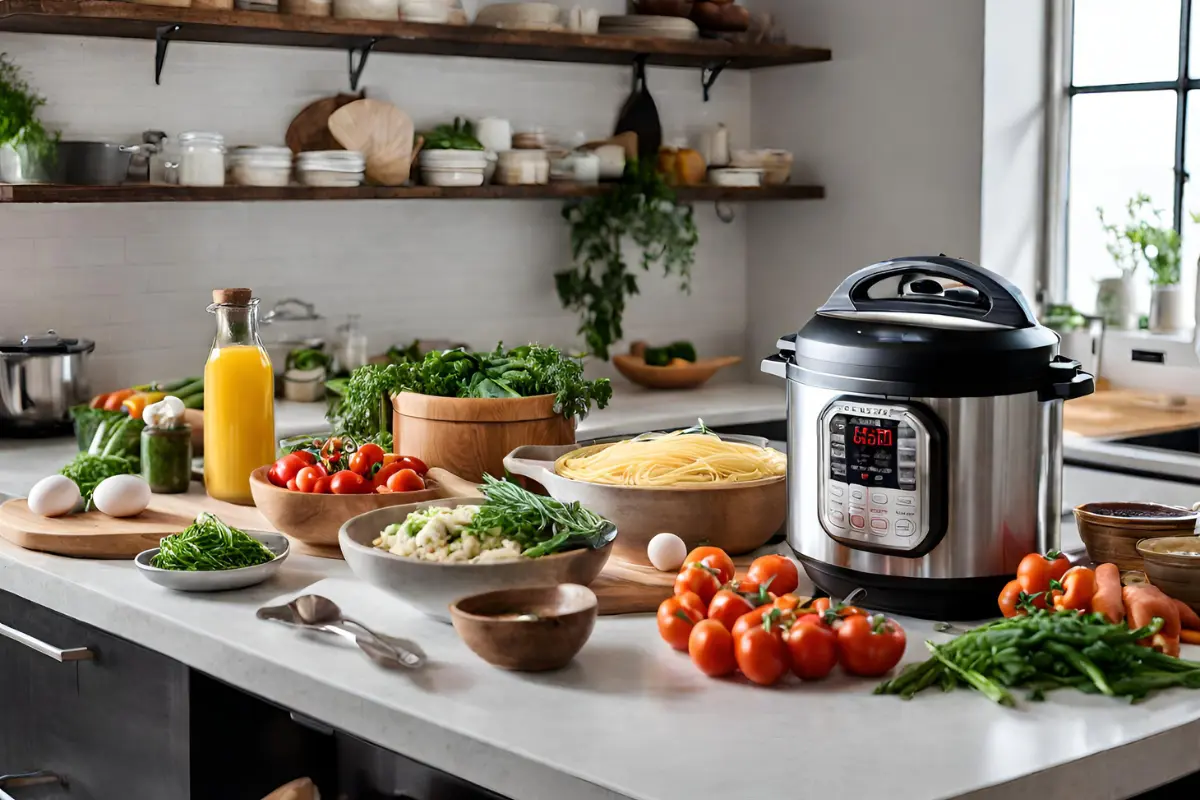 Instant Pot on kitchen counter with fresh ingredients around it, symbolizing modern cooking efficiency.