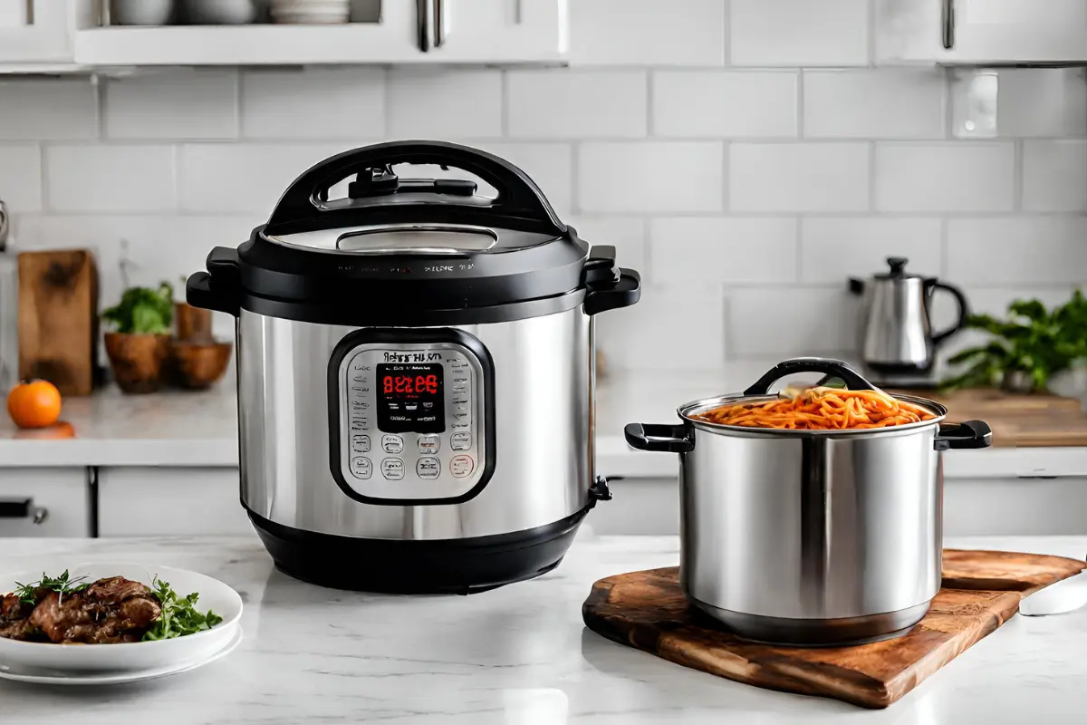 Instant Pot and traditional stovetop pot with boiling water, comparing cooking methods.