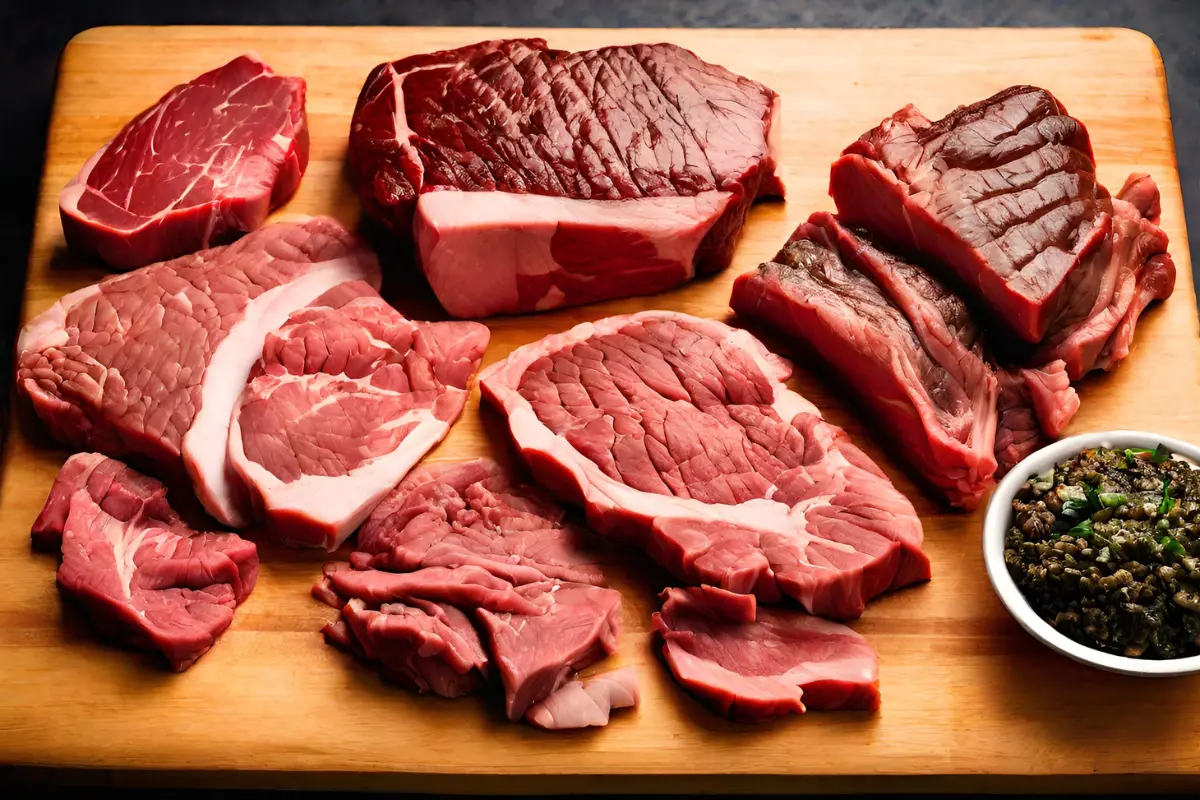 Various cuts of beef for carne asada displayed on a butcher's block.