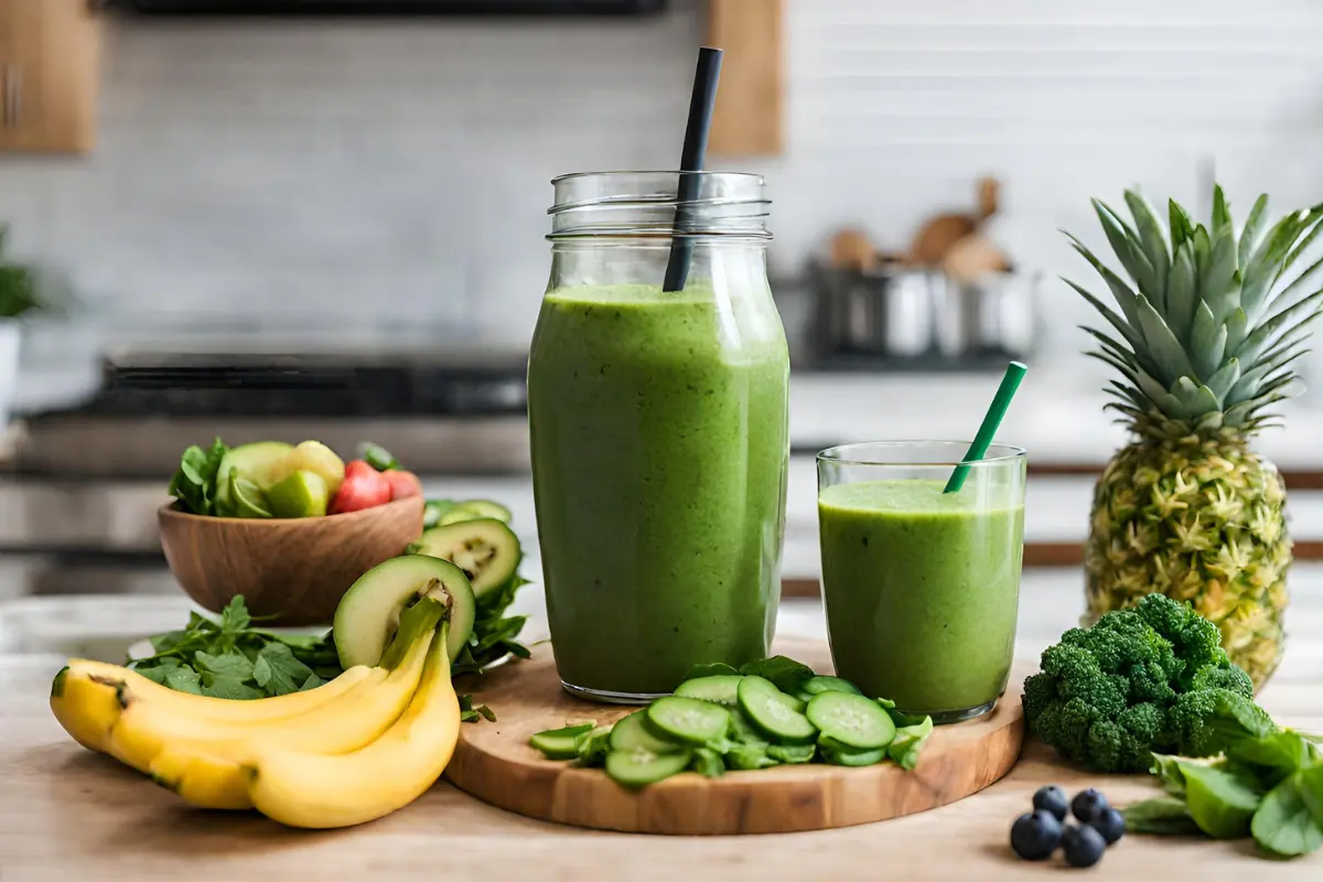 Step-by-step preparation of Detox Island Green Smoothie in a kitchen.