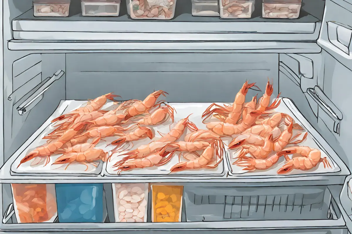 Refrigerator with containers and freezer bags of boiled shrimp.