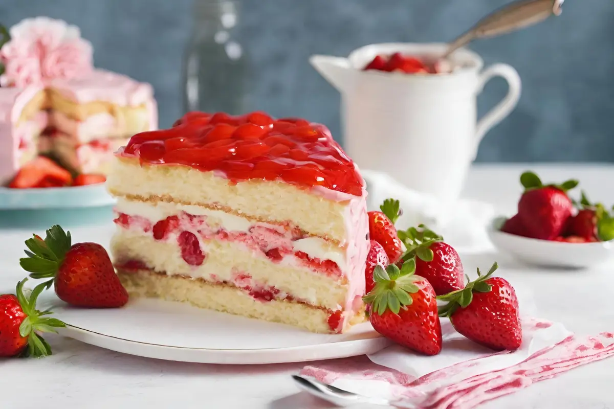 Slice of cake with strawberry filling and fresh strawberries in a rustic kitchen.