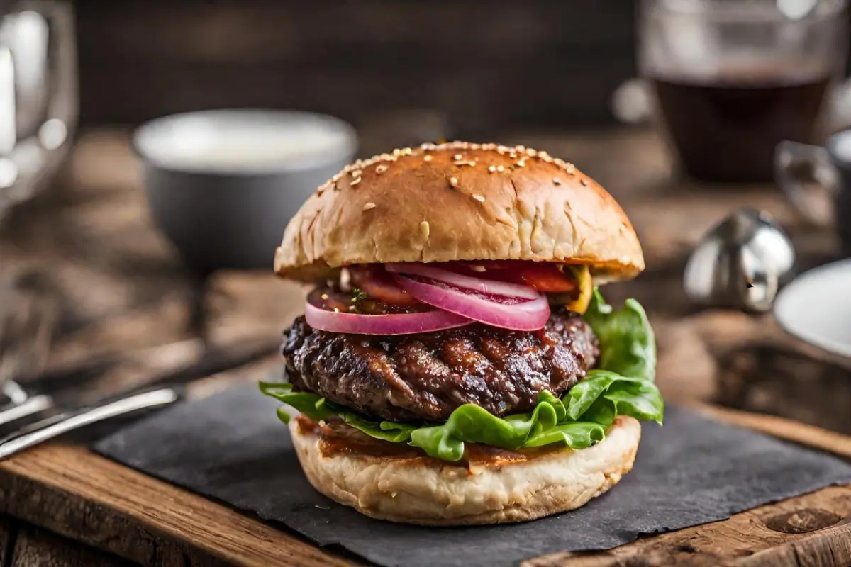 Elegant Wagyu beef burger on a wooden table.