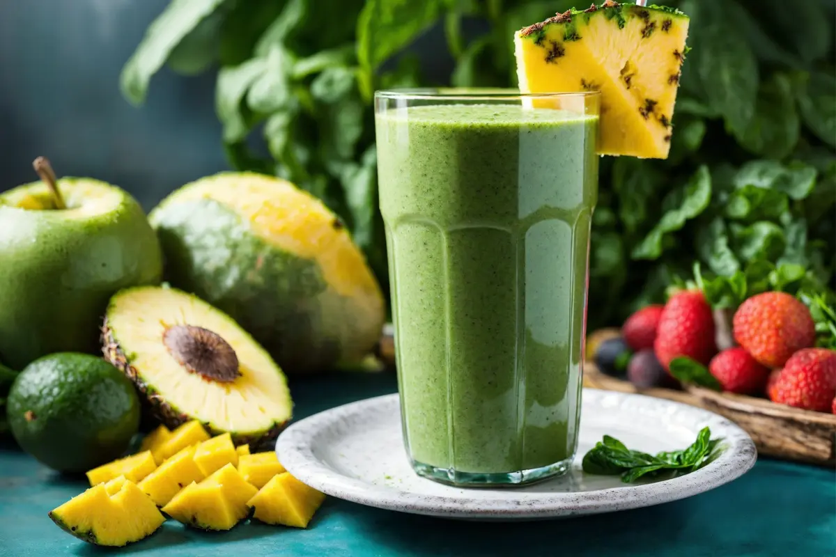 Refreshing Detox Island Green Smoothie in a glass with spinach, kale, mango, pineapple, and banana.