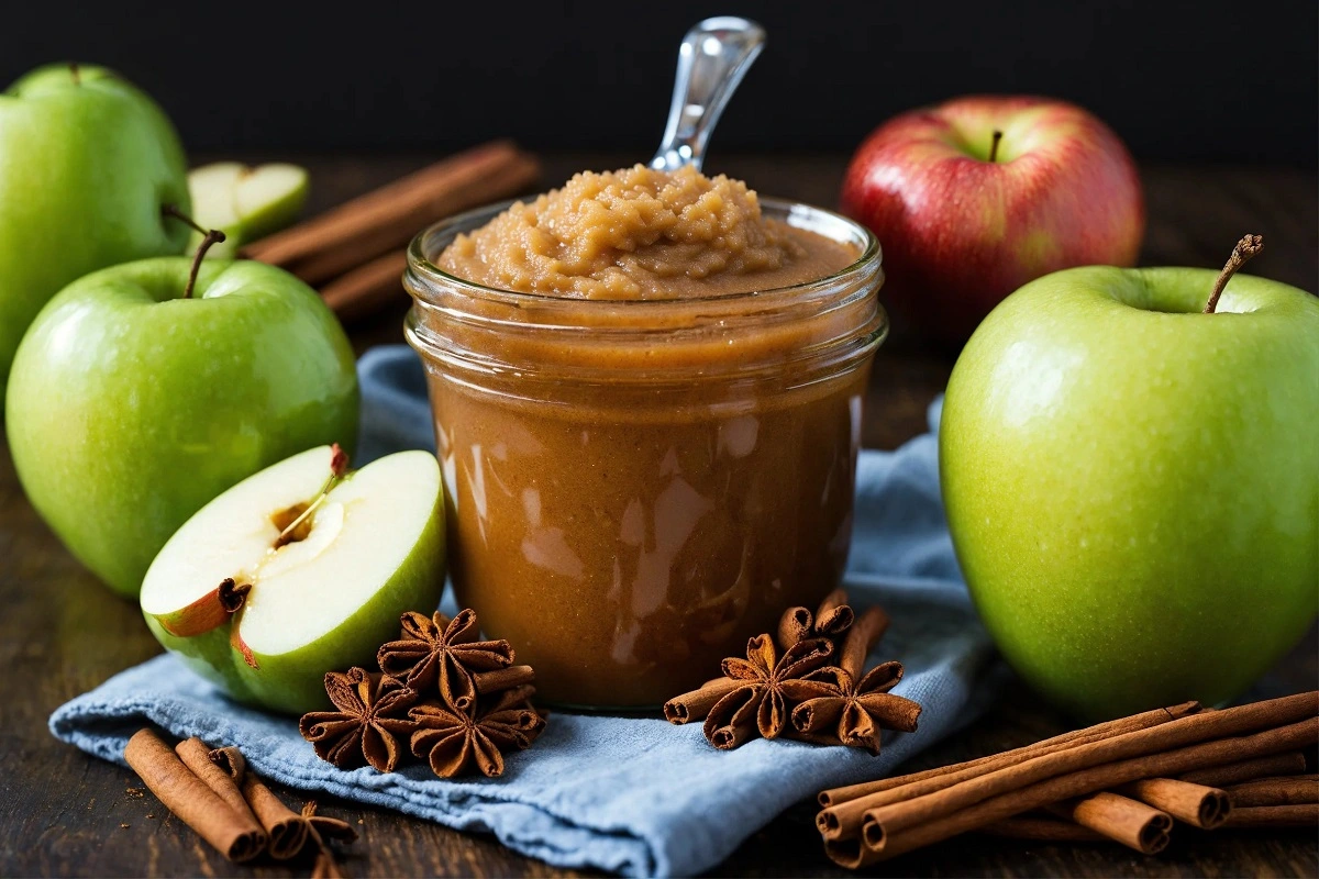 Cozy kitchen scene with a bowl of cinnamon applesauce, fresh apples, and cinnamon sticks.