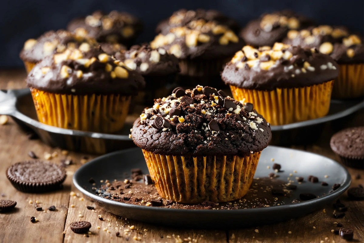 Rich Oreo Muffins garnished with a chocolate glaze and cookie crumbles, arranged invitingly on a wooden table, showcasing a perfect blend of textures and flavors.