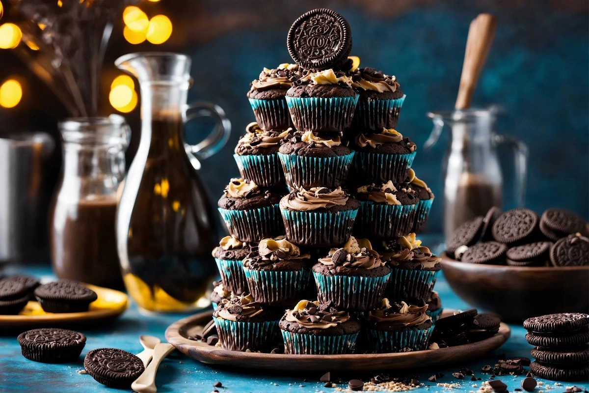 A lavish arrangement of frosted Oreo Muffins topped with cookies, amidst a backdrop of coffee and milk, celebrating the fusion of baked treats and beverages.