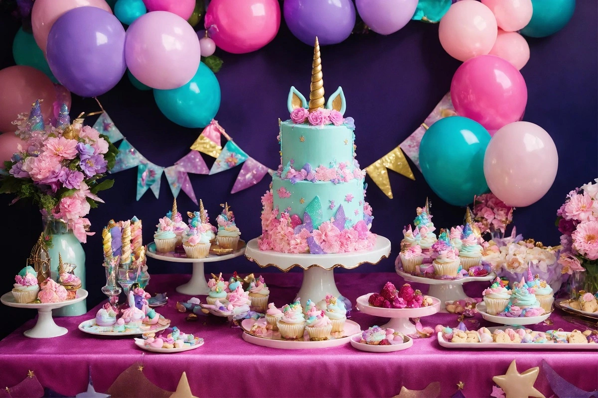 Unicorn-themed party table with unicorn cookies as the centerpiece.