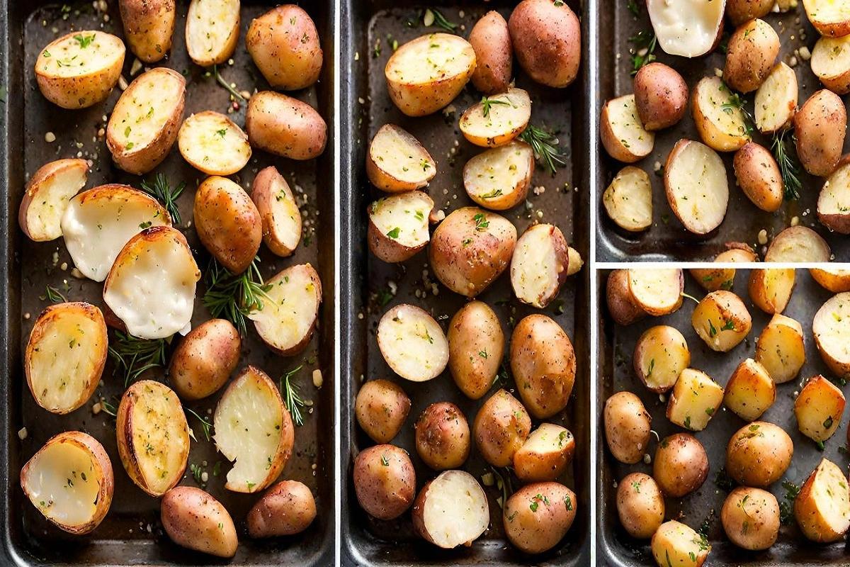 Step-by-step images of preparing Parmesan Garlic Roasted Potatoes, from raw ingredients to final dish.