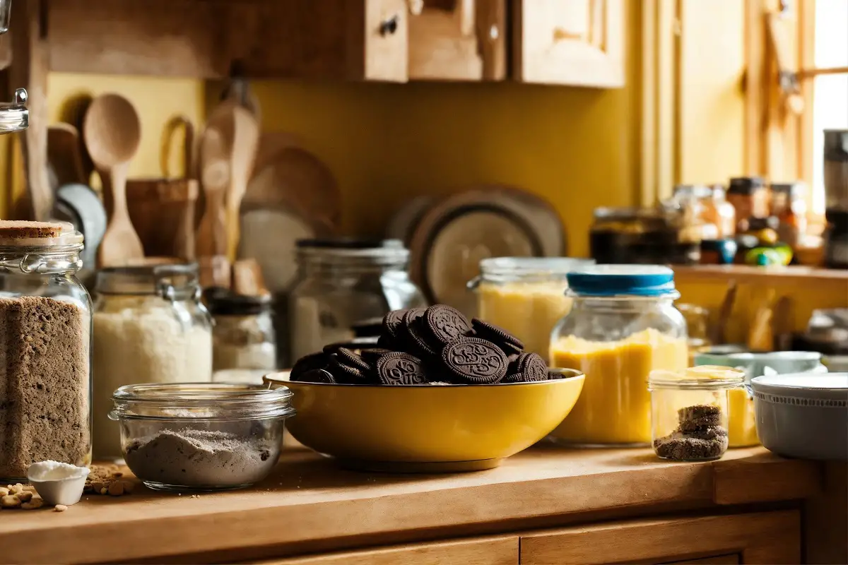 Key ingredients for baking Oreo muffins arranged on a kitchen counter.