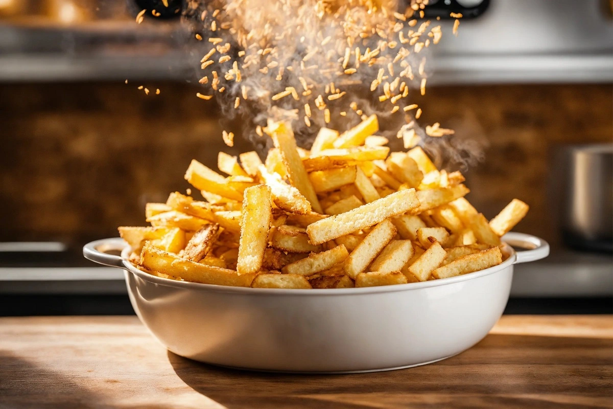 Frozen fries being seasoned in a bowl, air fryer in the background.