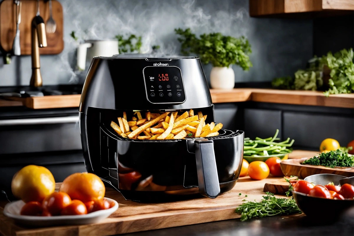 Featured image showing an air fryer, crispy fries, and a healthy eating theme.