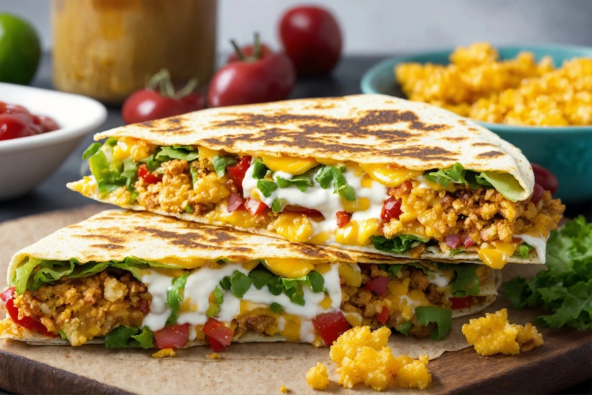 Open-faced healthier Crunchwrap Supreme with whole wheat tortilla, lean meat, and vegetables on a wooden table with fresh ingredients around.