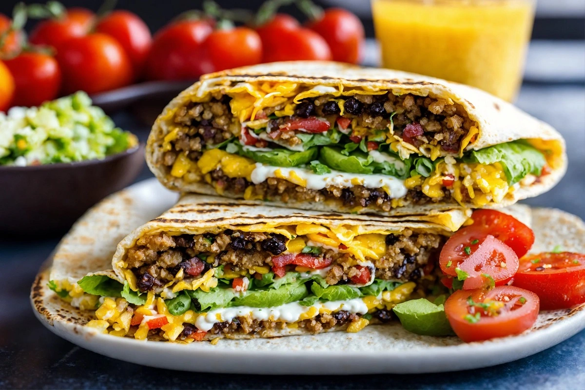Featured image of a Crunchwrap Supreme surrounded by health and nutrition symbols on a colorful background, symbolizing balance between indulgence and health.