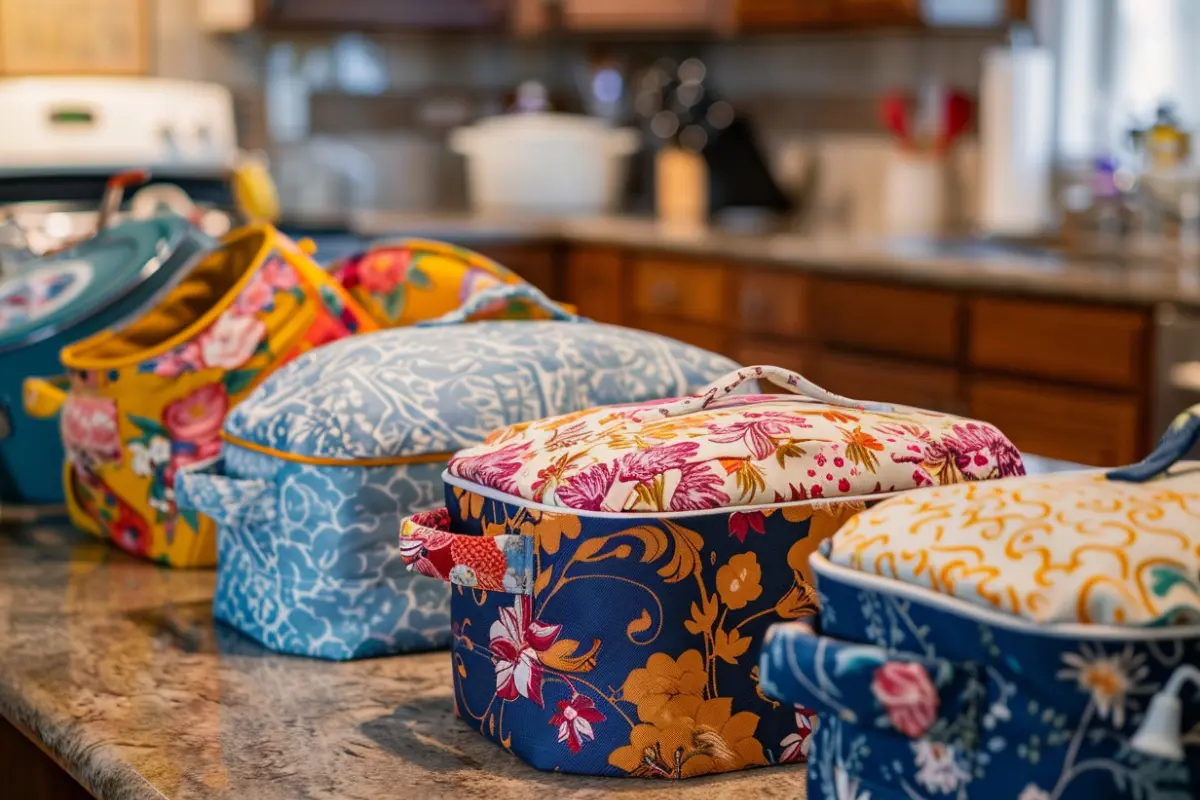 Various types of casserole cozies on a kitchen counter.