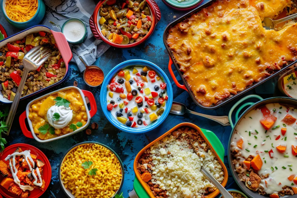 Kitchen with various casseroles in colorful cozies.