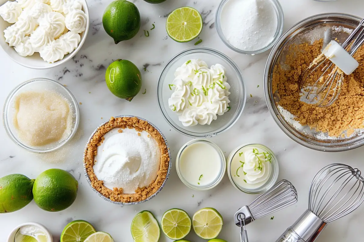 Flat lay of ingredients and tools for making no-bake key lime pies, including fresh limes and mini pie tins.