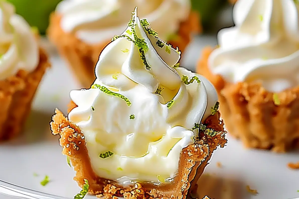 No-bake key lime pies with biscuit crusts and creamy lime filling, topped with whipped cream and lime zest.