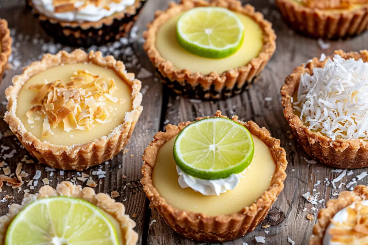 Assortment of mini key lime pies with different variations, including coconut flakes and lemon slices.