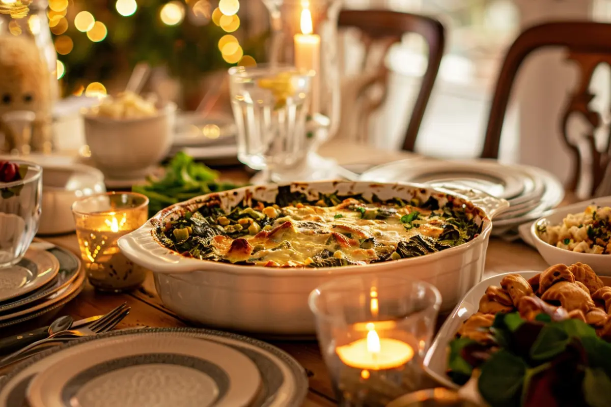 Hearty collard green casserole served on a beautifully set dining table.