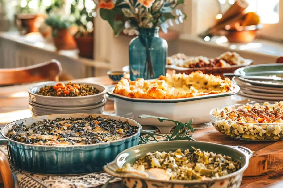 Traditional Southern collard green casserole alongside modern versions on a kitchen table.