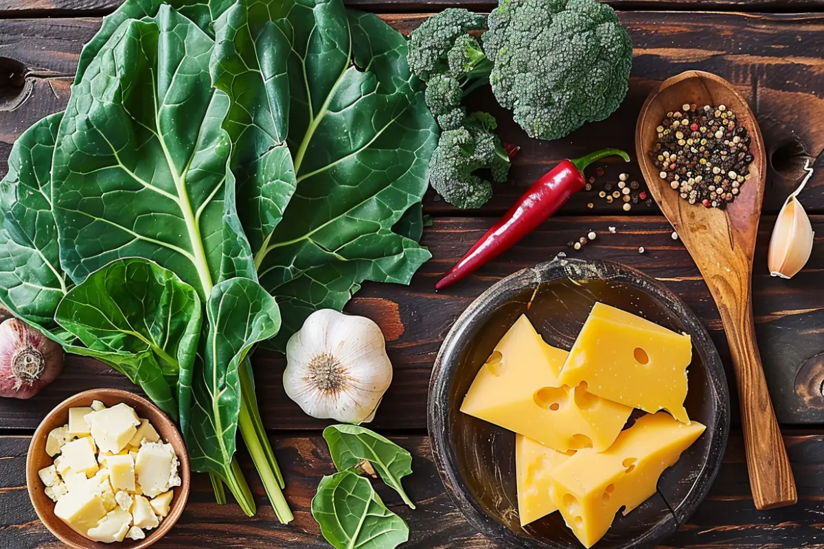 Fresh ingredients for collard green casserole on a wooden countertop.