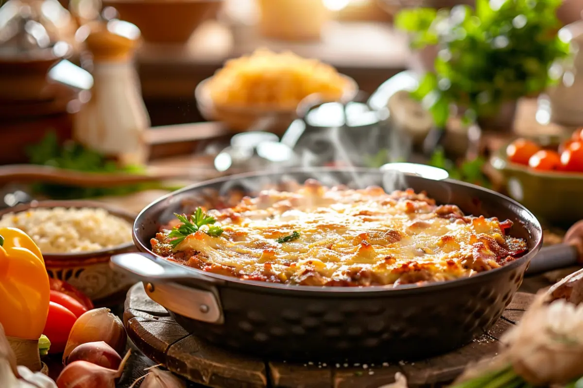 Steaming hobo casserole fresh out of the oven with golden-brown cheese topping.