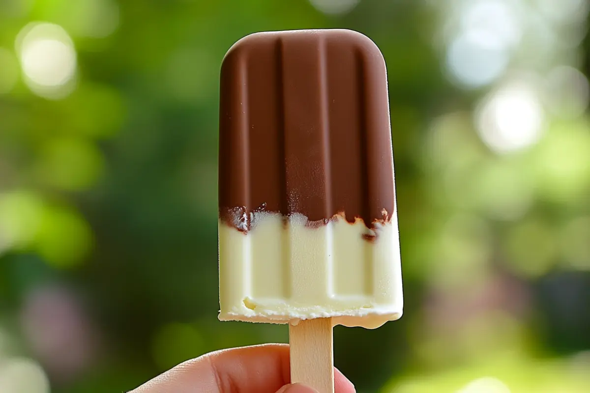 Hand holding a homemade Eskimo Pie popsicle with vanilla ice cream and chocolate coating.