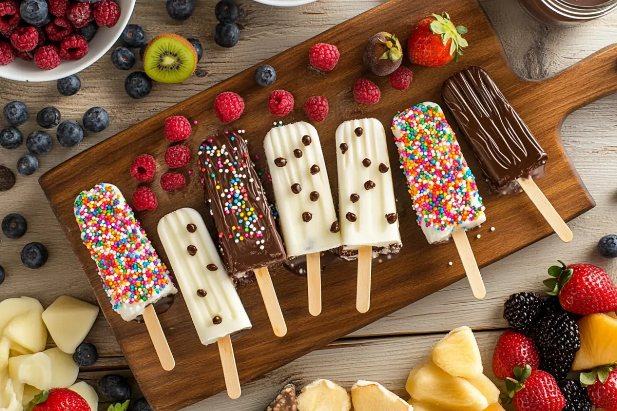 Variety of customized Eskimo Pie popsicles with different toppings.