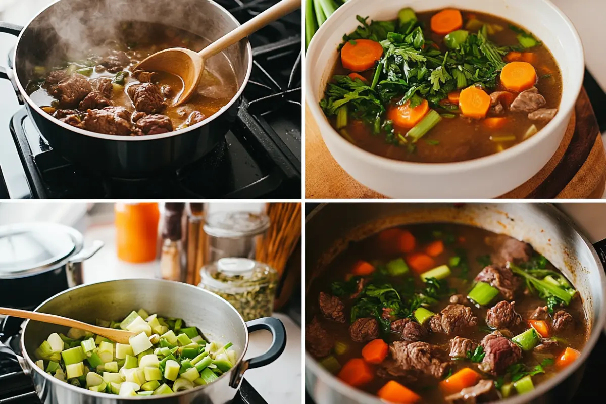 Step-by-step images of the leek and beef soup-making process, from sautéing leeks to simmering the broth.