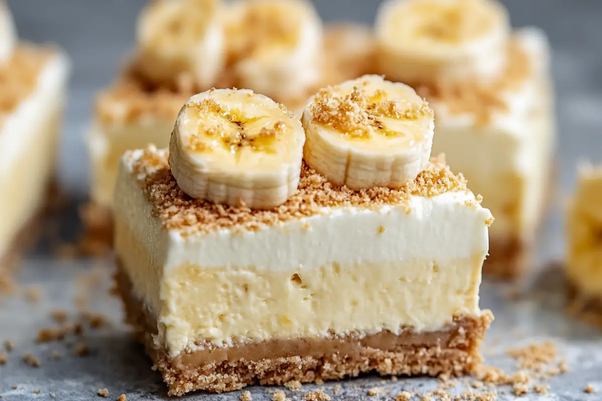 Banana pudding cheesecake square with sliced bananas on top, layered with creamy cheesecake and a graham cracker crust.