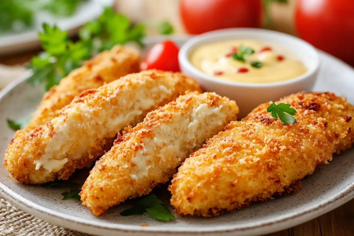 Crispy breaded vegetables coated with mayonnaise, served on a plate with a dipping sauce.