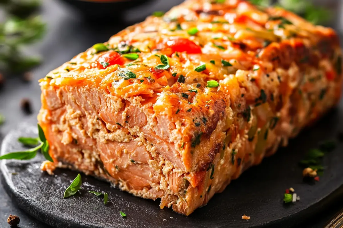 Close-up of a baked tuna and salmon loaf garnished with fresh herbs, showcasing the dish's texture and rich color.