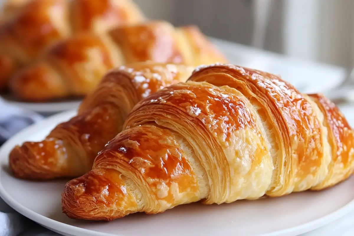 A close-up of golden, flaky Swiss Gipfeli pastries on a white plate, highlighting their layered texture and glossy, baked surface.