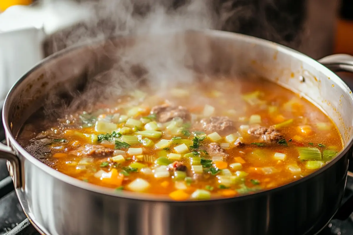 A pot of leek and beef soup simmering on the stovetop, with vegetables in the broth, perfecting the soup basics.