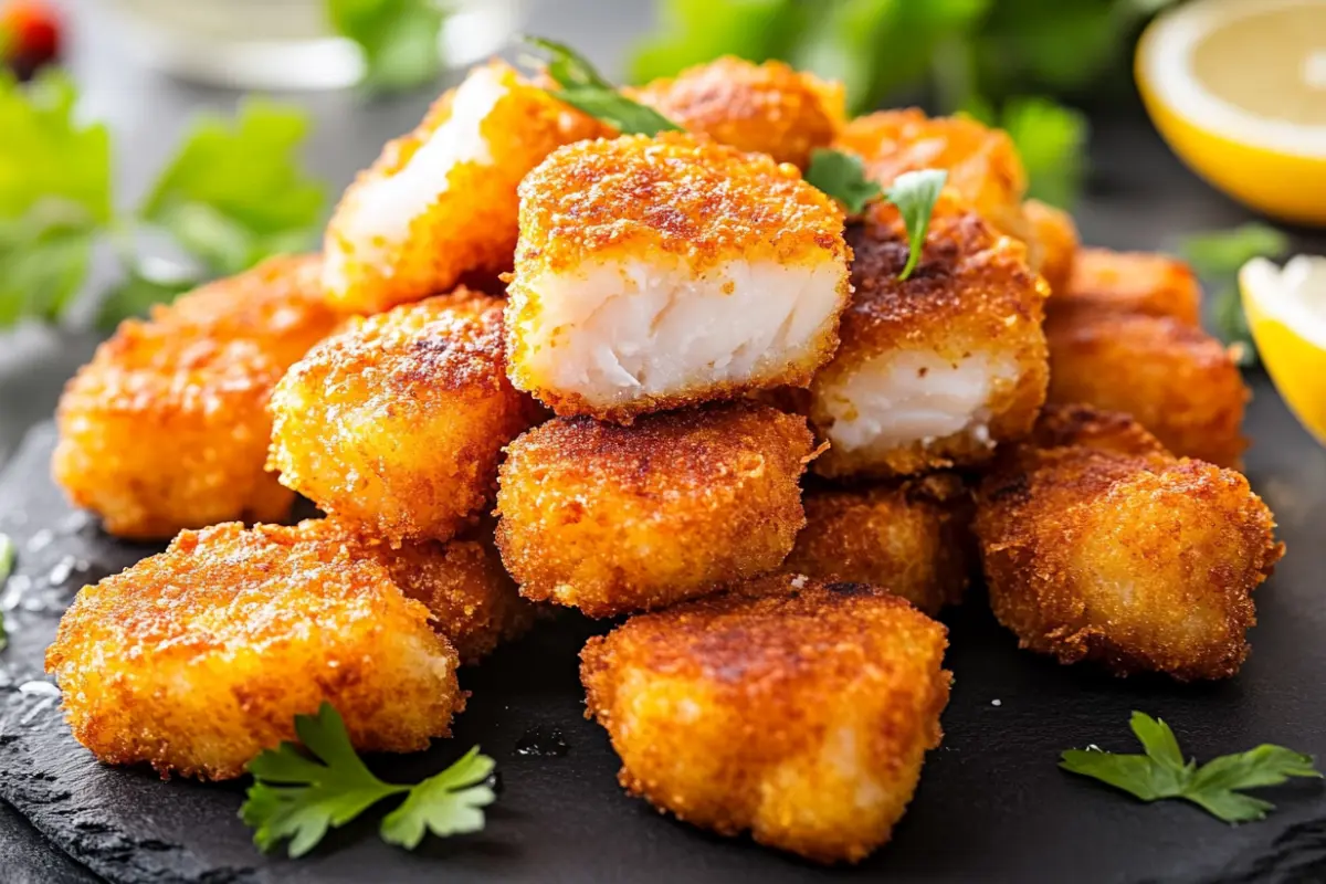 Golden crispy swordfish nuggets served on a slate plate with fresh parsley and a slice of lemon in the background.