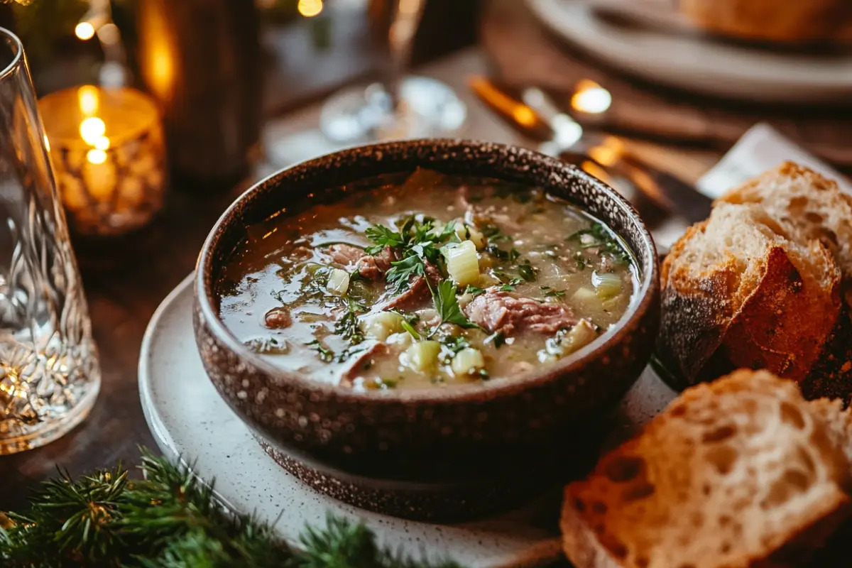 A beautifully presented leek and beef soup, garnished with fresh herbs, served with crusty bread, perfect for dinner.