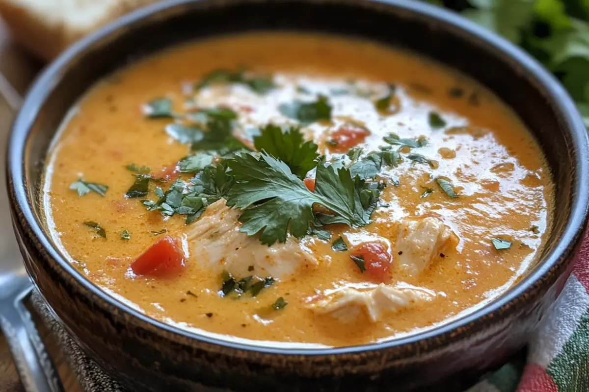 A bowl of smoky chicken tomato bisque, garnished with fresh cilantro and pieces of tomato, with a creamy orange broth.